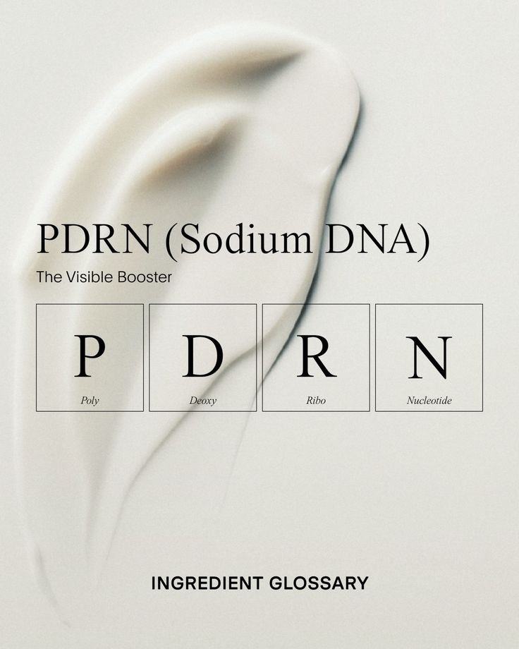 PDRN (Sodium DNA) ingredient glossary graphic showing Poly, Deoxy, Ribo, Nucleotide breakdown