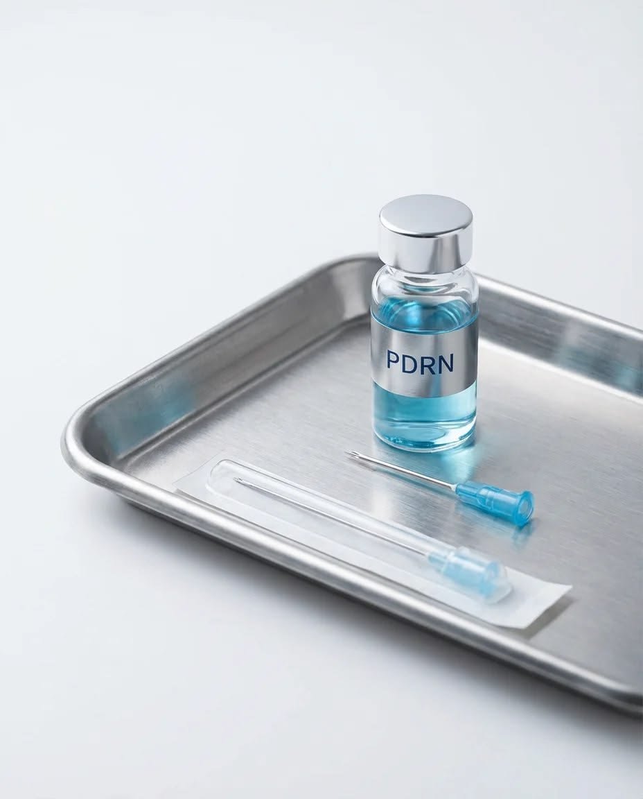 Vial of PDRN with needle on a medical tray, ready for treatment at Sci-U Clinic Wilmslow